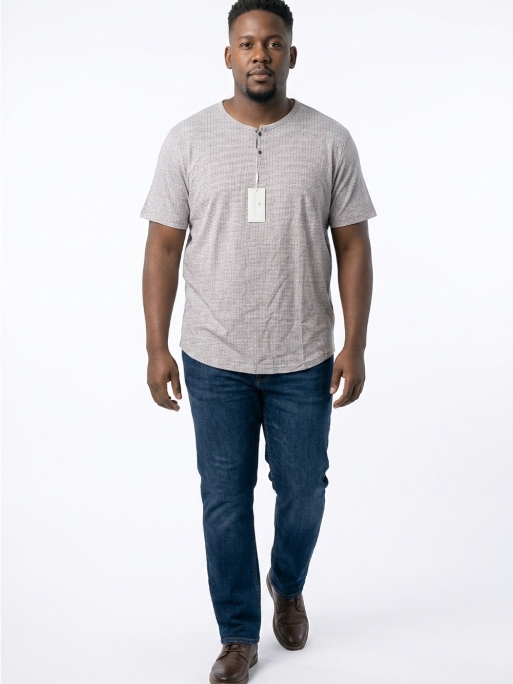 CON.STRUCT Men's 3XL Short Sleeve Cotton Henley Shirt Beige‎ Geometric slim Fit